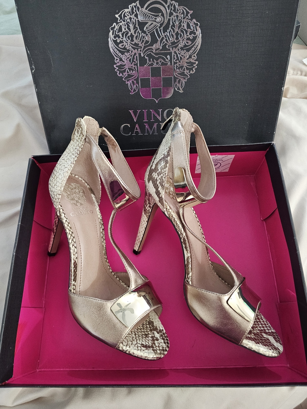 Vince Camuto Metallic Gold Snake-Print High Heel Sandals
